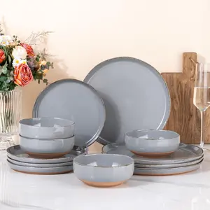 Ceramic Dinnerware Sets for 4, 12 count Handpainted Plates and Bowls Set with Rustic Terracotta Underside, Scratch Resistant Stoneware Dishes Set, Dishwasher & Microwave Safe