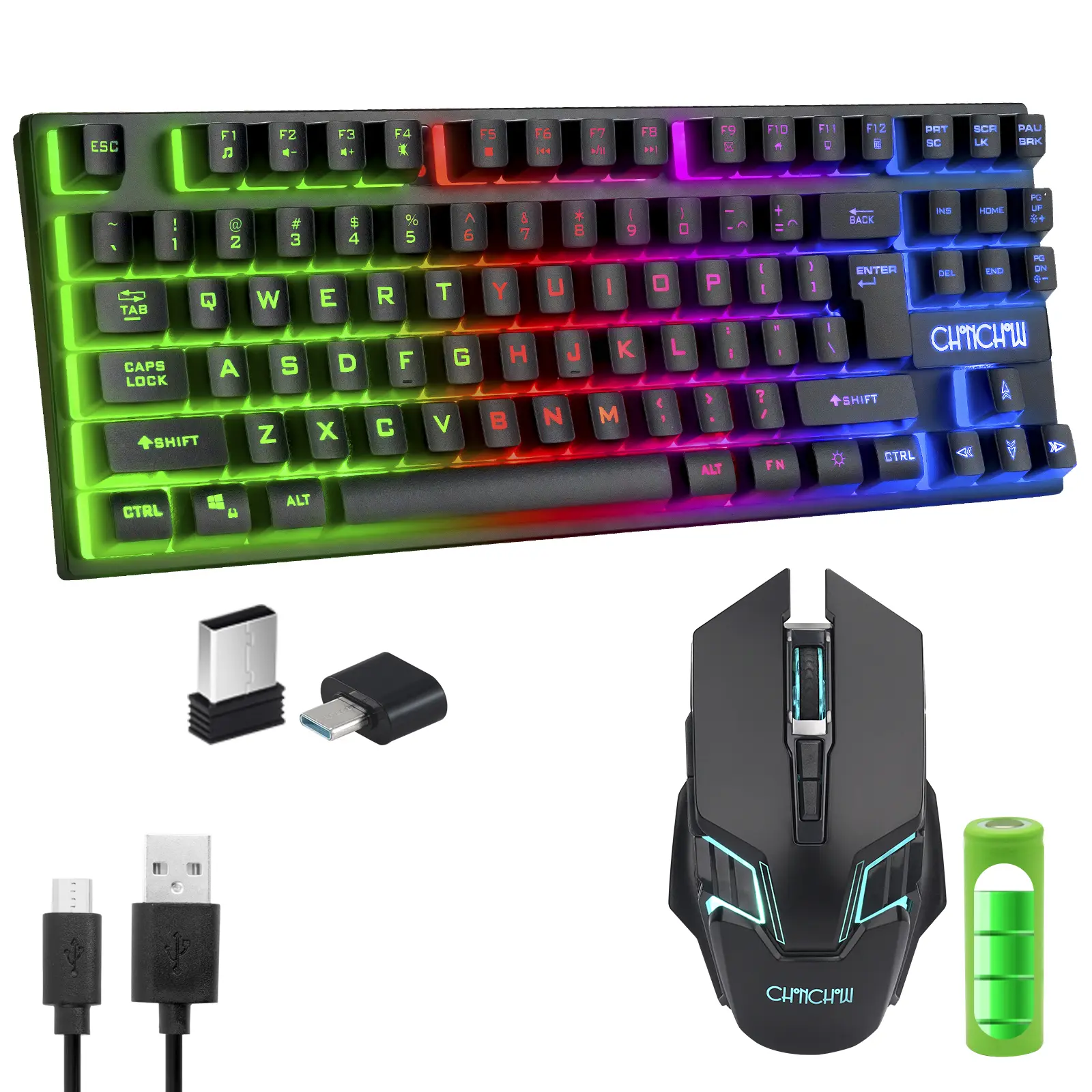 CHONCHOW Wireless Gaming Keyboard and Mouse Combo, Rechargeable 87 Key LED Light Up Keyboard, Ergonomic Wireless Gaming Mouse