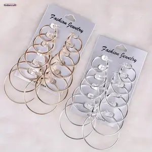 Women's 6-Pair Black Alloy Hoop Earrings Stacking Set, Classic Metal Statement Pieces, Lightweight Fashion Accessory, Ideal for Daily Wear & Parties