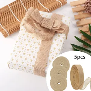 5 Rolls 0.39inch Wide Beige Brown Jute Linen Blend Burlap Ribbon Spools - Rustic Natural Texture, Breathable Washable for Wedding Decor, Gift Wrapping, Crafts