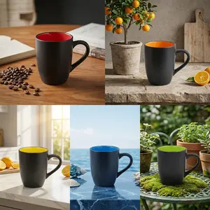 5Pack Porcelain Coffee Mugs Set, 11 Ounces Ceramic Coffee Mugs, Matte Black Coffee Mug, Restaurant Cups for Coffee, Tea, Cappuccino, Cocoa, Cereal, Black outside and Colorful inside