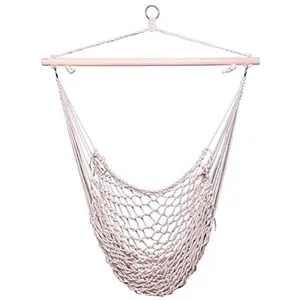 Hanging Rope Air/Sky Chair, Cotton Hanging Hammock Net Chair with Wooden Stick for Indoor & Outdoor Porch, Garden, Yard, Patio, Weight Capacity: 250lb