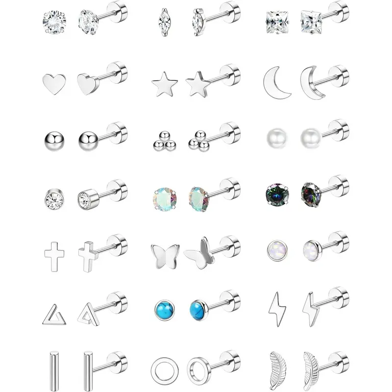 Jstyle 21 Pairs Unisex Flat Back Stud Jewelry Set - Surgical Stainless Steel, Hypoallergenic Body-Safe Tarnish Proof Pieces for Sensitive Ears, Assorted Shapes Screw Back Cartilage Options for Men's Bathing Use