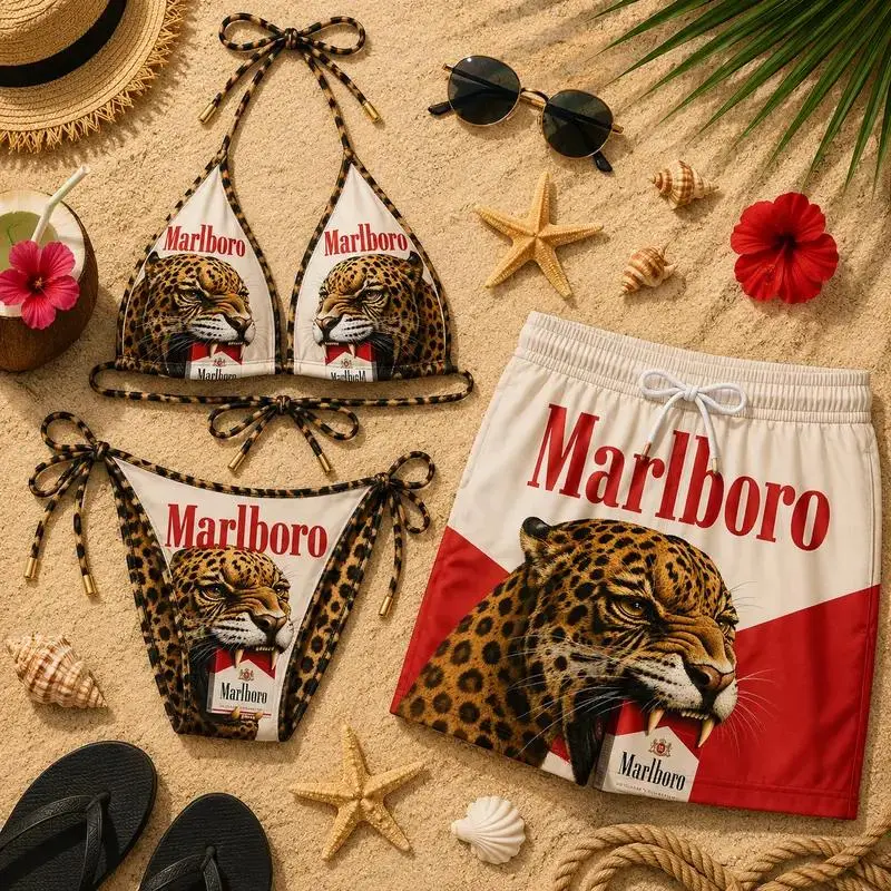 Marlboro Leopard Print Couple Swim Set – Women's Tie Side Bikini & Men's Board Shorts, Summer Beachwear Matching Outfit