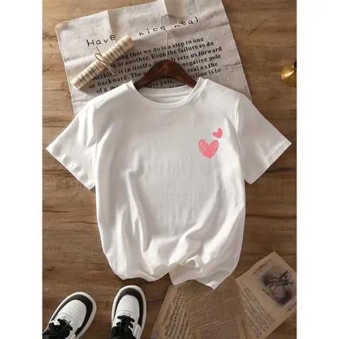 Women's Pink Heart All-Over Print Short-Sleeve Crew Neck Fitted Tshirt - Soft Fabric Garment, Durable Custom Print, Machine Washable Casual Clothes for Women