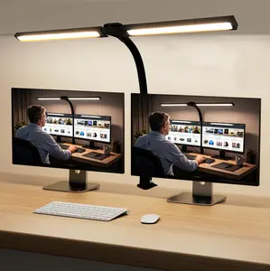 Led Desk Lamp for Home Office, Eye-Care Architect Light with Clamp, Smart Double Head Computer Monitor Table Clip Lamp, Adjustable Flexible Goose-Neck, 25 Lighting Models, Task Lamp, Black