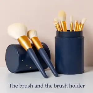 Blue Handle Makeup Brush Set - 10-Piece Brushes with Cylindrical Case for Versatile Application