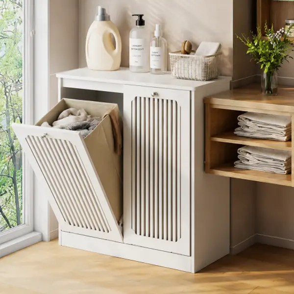 Flip-Top Louvered Laundry Hamper Cabinet, Freestanding Tilt Out Laundry Storage Cabinet with Dual Fabric Compartments, Moisture Resistant Engineered Wood Organizer for Bathroom, Balcony & Laundry Room, White