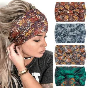 4 Packs Wide Headbands for Women Knotted Non Slip Fashion Floral Mandragora Printed  Bands for Women's Hair Large African Bandana Hairbands Sports Workout Thick Turban Hair Accessories
