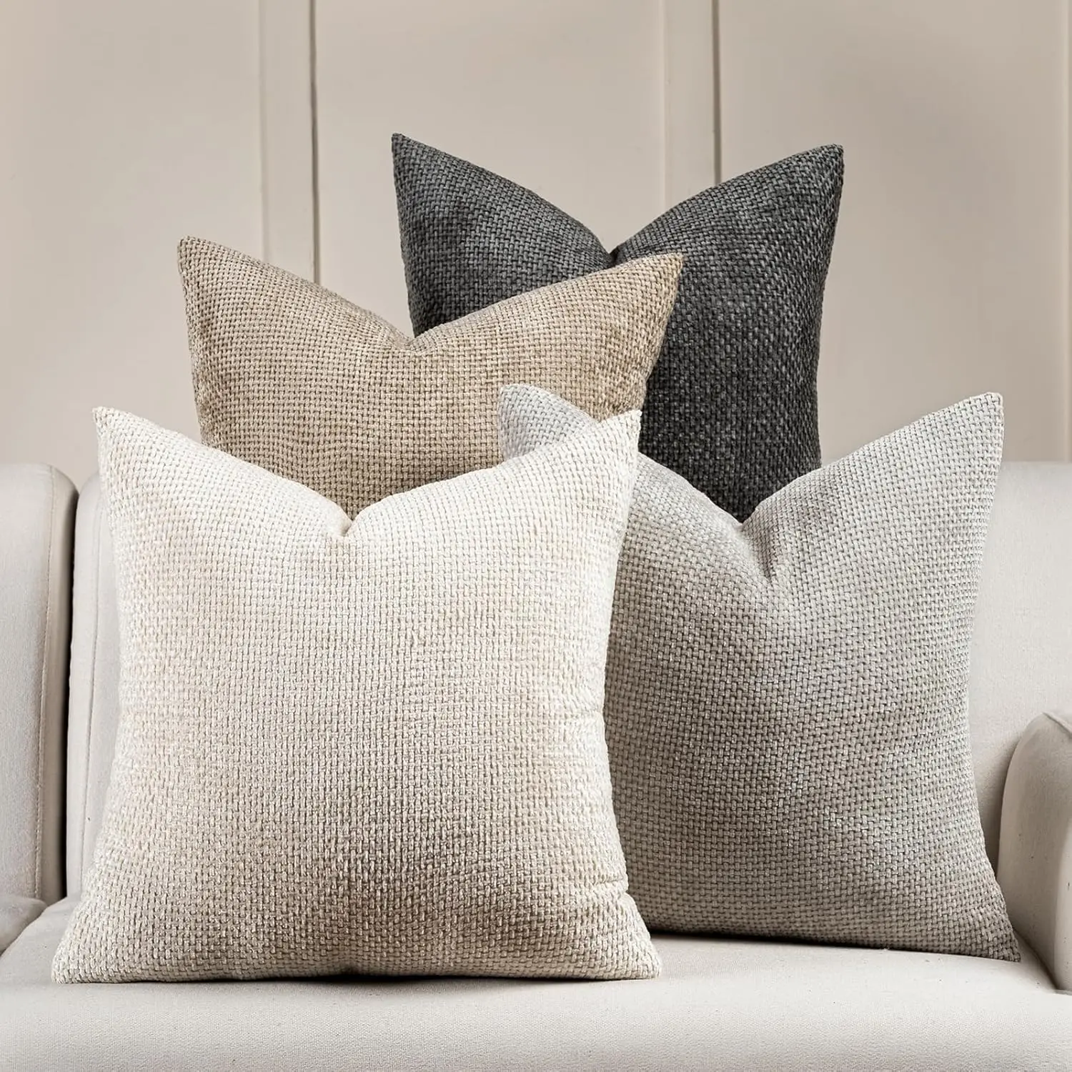 Boho Throw Pillow Covers 18x18 Set of 4, Neutral Chenille Decorative Cushion Covers for Couch, Sofa, Bedroom, Living Room, Farmhouse & Mid-Century Modern  Decor