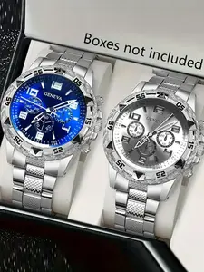 2-piece blue light glass men's business watch with steel strip and quartz watch, multifunctional digital scale three eye watch