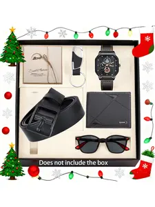 Men's 6-Piece Watch Set, Quartz Movement, Keychain, Belt, Sunglasses, Wallet, Greeting Card, Perfect Business Casual Gift, Men Accessories