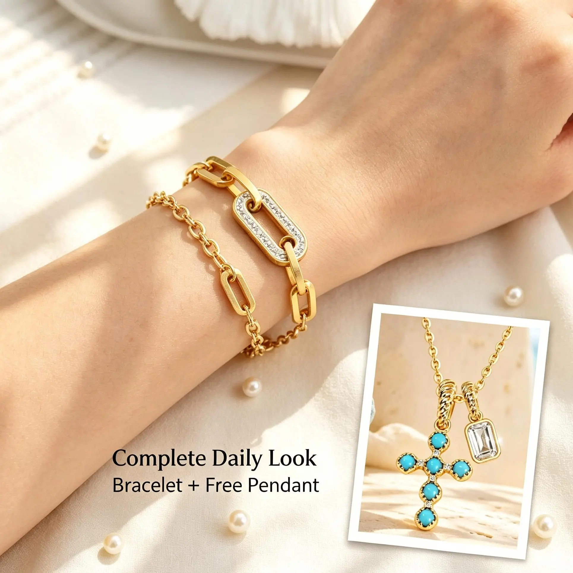 14K gold-plated waterproof women’s bracelet set, fashionable slim and elegant layered Cuban link and toggle chain bracelets, trendy accessory for gifting, statement jewelry, includes a cross necklace with purchase friendship