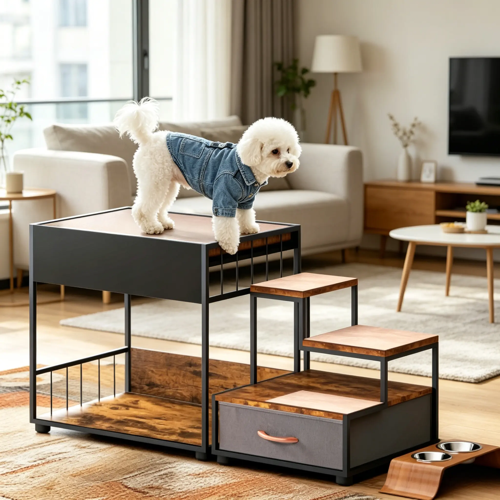 Pet Step Window Perch, Bunk Beds Elevated Dog Bed with Multi-Level Platform, Vintage Pet Bedside Lounge with Sponge Cushion, Non-Slip Pad & Storage Drawer, Furniture Style Pet Bunk Bed for Small Medium Dogs Cats