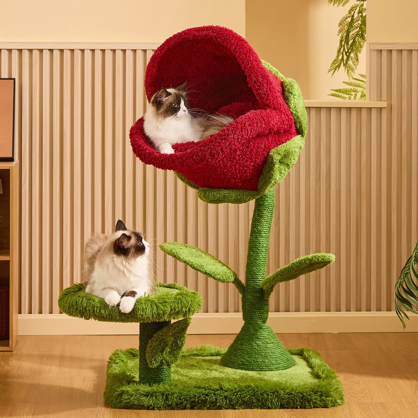 Happy & Polly 41.7in Floral Tropical Carnivorous Flower-Inspired Cat Tree - Kitten Condo, Vertical Scratcher, Soft Climb Platform, Cozy Napping Space, Padded Levels, No Assembly Single Unit, Rainforest Look for Any Room