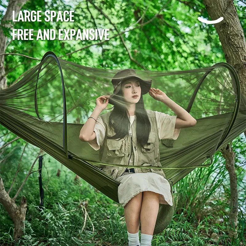 Automatic Quick-Open Hammock with Mosquito Net, hammock camp Outdoor Single/Double Nylon Camping Hammock with Poles, Mosquito-Proof Outdoor Hammock