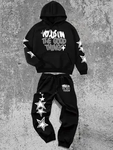 Men's Letter Print Drop Shoulder Hoodie & Star Print Pants Two-piece Set, Regular Fit Casual Fashion Cozy Breathable Two Piece Outfits for Daily Wear, Men's Clothes for Fall & Winter