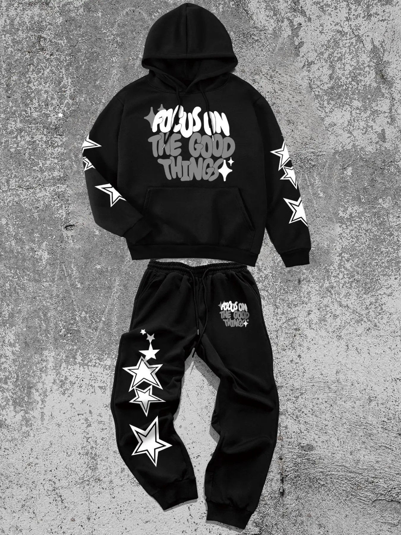 Men's Letter Print Drop Shoulder Hoodie & Star Print Pants Two-piece Set, Regular Fit Casual Fashion Cozy Breathable Two Piece Outfits for Daily Wear,