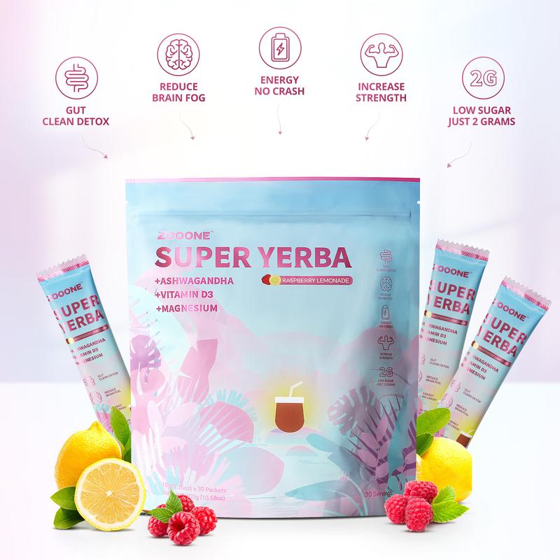 ZOOONE Super Yerba |   Yerba Mate Instant Tea Powder |    RASPBERRY LEMONADE Flavor |   30 Servings