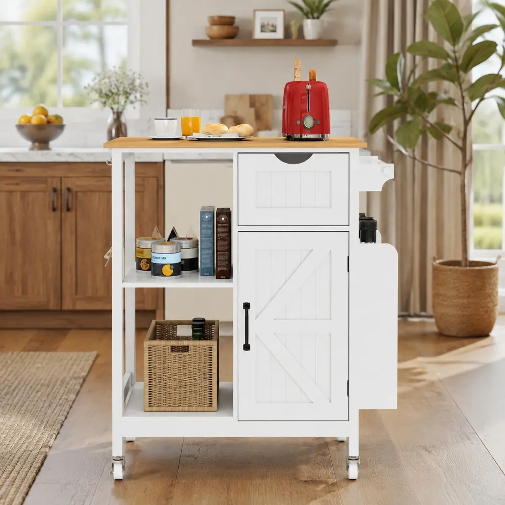 Littleox Kitchen Island Cart with  Mobile Carts with Storage Cabinet, Rolling Kitchen Table with Spice Rack, Towel Rack, and Drawer, Portable Islands on Wheels, White