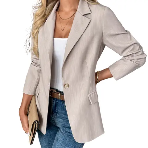 Women's Beige Business Casual Blazer Solid Color Work Jacket Lightweight Office Coat with Button Detail for Professional Spring Fall Outfits Chic Piece Collared Fitted Long Sleeve Minimalist Suits