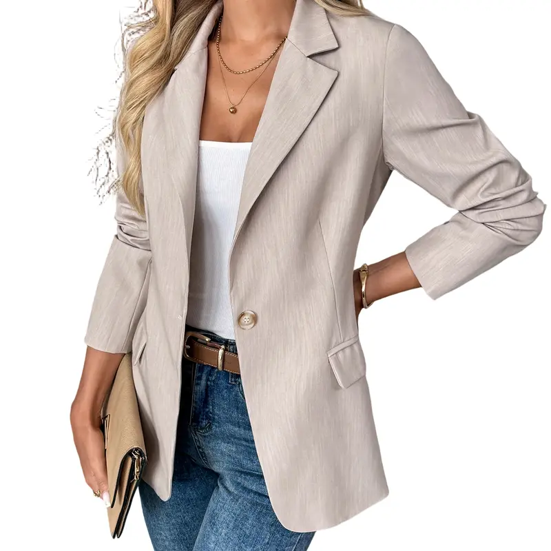 Women's Beige Business Casual Blazer Solid Color Work Jacket Lightweight Office Coat with Button Detail for Professional Spring Fall Outfits Chic Piece Collared Fitted Long Sleeve Minimalist Suits