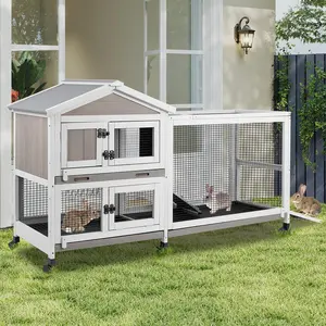 PetsCosset Rabbit Hutch Outdoor Indoor Bunny Hutch with Run 2-Story Large Rabbit Cage on 6 Wheels, 3 Leak Proof Trays