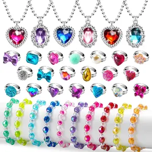 L-QE030  36pcs Princess Play Jewelry Set for Little Girls Ages 4-6, Kids Costume Dress Up Jewelry Necklace Bracelet Rings for Toddlers, Childrens Princess Valentines Party Favors Gift 3 4 5 6 7 8 Year Old Girl