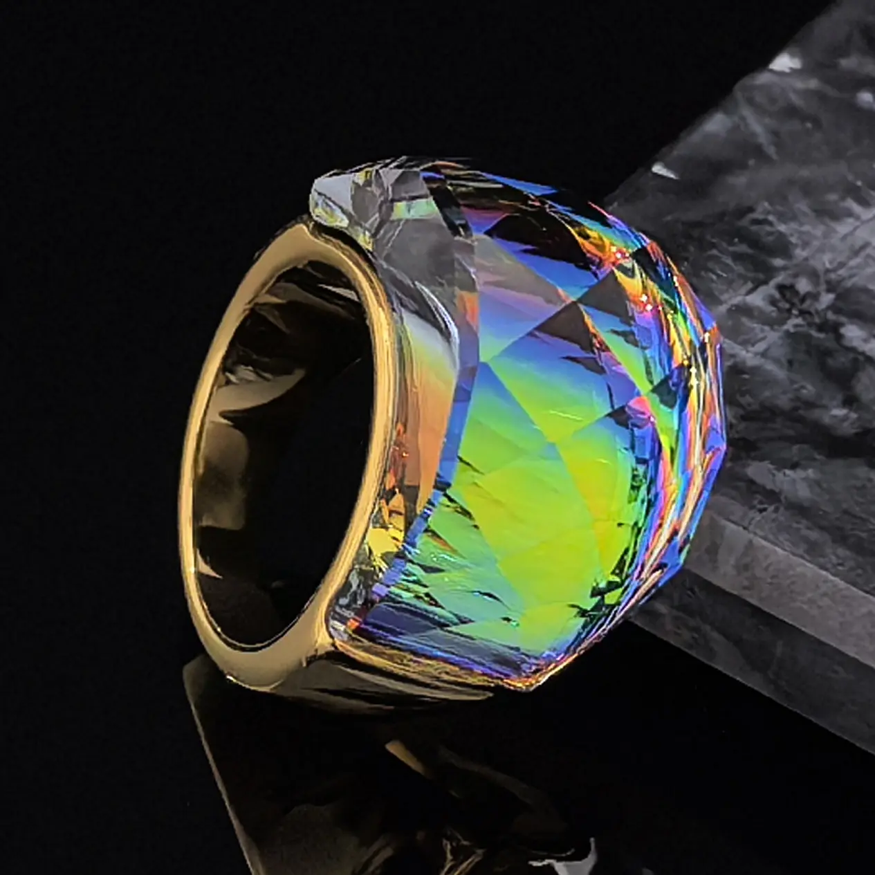Women's Bohemian Wide Band Ring - 1pc Golden Stainless Steel with Multicolor Rainbow Transparent Inlays, Vintage Durable Birthstone Jewelry, Accessories for Women, Meaningful Gifts for Weddings, Holidays, Statement Multi Ring, Christmas