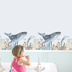 Multicolor Ocean Whale Seaweed Wall Stickers, Watercolor Fresh Style, Self-Adhesive Removable Vinyl Home Decor, Kids Room Bathroom, Decorative Stickers