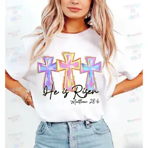 for he is Risen T-shirt |     Easter Cross Brushstroke Shirt, Crew Neck, Short Sleeve, Casual Style, Regular Fit |     Gift For Her, for heat Transfer Printing