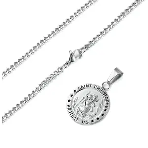 FLORIDECO Stainless Steel SAINT CHRISTOPHER Necklace 3.5mm Penant Necklace Curb Link Chain 22-24 Inches Daily Traveler Length