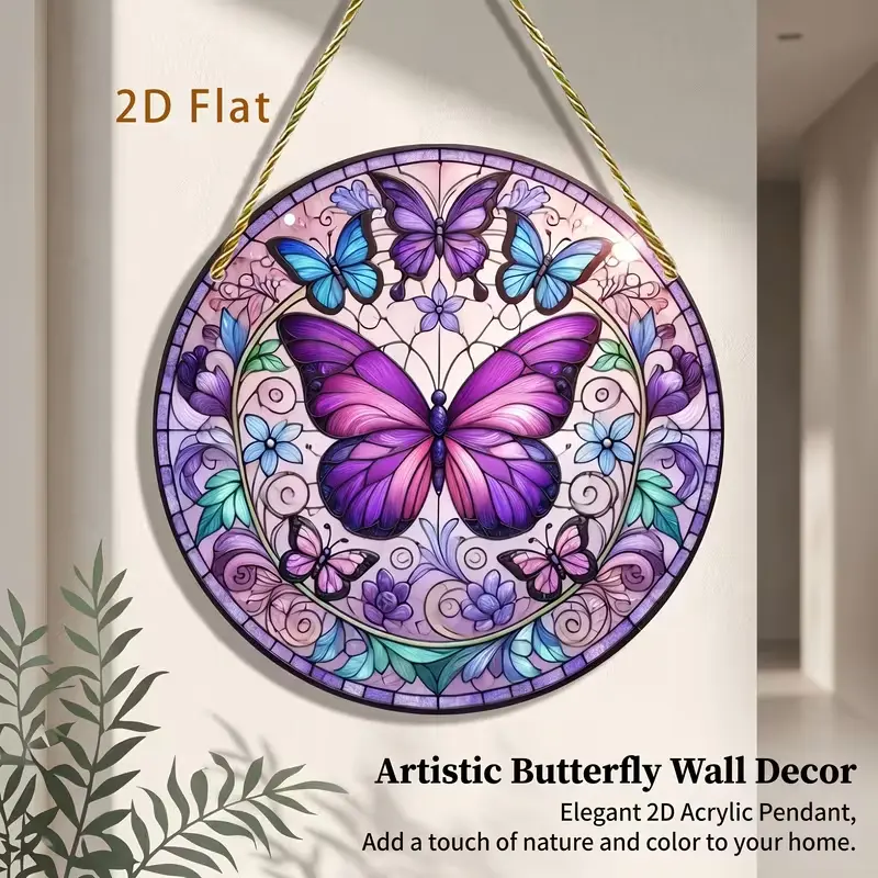 2D Flat Butterfly Acrylic Suncatcher, Purple Floral Stained Glass Style Window Hanging Decor, Colorful Butterfly Sun Catcher for Window, Garden Room, Bedroom, Living Room, Spring Summer Home Decoration Gift