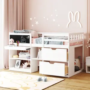 Twin Size Low Loft Bed Frame with Storage, Twin Loft Bed with Small Rolling Desk & Chalkboard, Two Shelves and Two Drawers,Wooden Twin Loft Bed for Bedroom, White