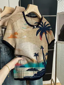 Striped Landscape Print Round Neck Sweater, Casual Short Sleeve Knitwear for Spring Summer Fall, Comfortable Warm Women's Clothing