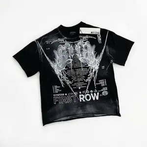 Casual FIRST ROW T-Shirts Washed Street Fashion American Style Hot Drill Letters Mens Womens High Quality Short Sleeves Tee Streetwear Trendy Graphic Tee Urban Fashion Cool Casual Look Unisex Stylish Summer Tee