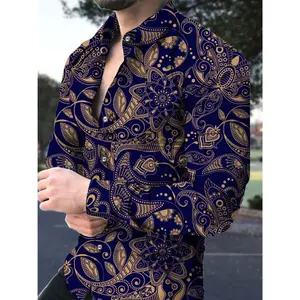 Vintage Style Pattern Men's Casual Long Sleeve Lapel Shirt For Spring Fall, Gift For Men Menswear Top Polyester Tractor Blue Paisley button shirt godspeed shirt Slim-Fit Wrinkle-Free Business Shirt button-down shirt