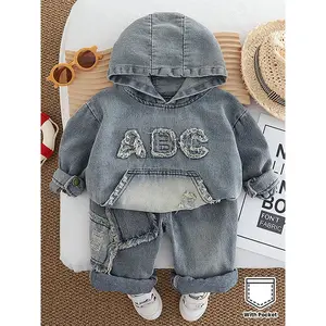 New2pcs 'estern-Style Faux Denim-Like Sweater & Pants Set with Bear Pocket Design - Soft Warm Winter Outfit, ABC Lettering & Geometric Pattern, Casual Playwear for Christmas & Everyday, Cozy Round-Neck Sweater (Regular Fit) - Ideal Gift for(Gift)11