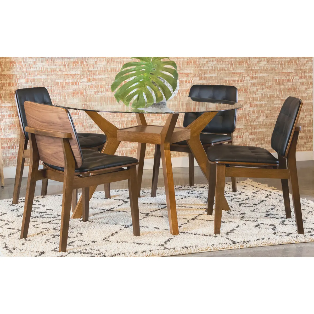 Flynn Brown 5-Piece Modern Mid-Century Scandinavian-Influenced Indoor Dining Set - Wood Construction, Leather Tufted Chairs, Tempered Glass Round Top, Architectural Interest, 29.25x48x48in Table, 31.75x22.25x18.25in Side Chairs