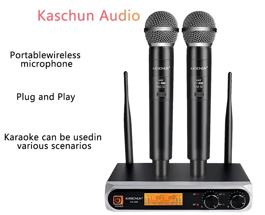 Kaschun KA-328 Durable Metal Portable UHF Wireless Audio Microphone System - 2 Handheld Mics, 100ft Range, Adjustable Receiver, Plug, Adapter, Cable, Noise-Reducing, Multi-Device Compatible for Karaoke, Wedding, Church