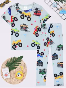 Short Sleeve Long Pants Pajamas, Cartoon Print Pajama, Fun Car Theme, Comfortable Casual Set for Boys and Girls, Spring & Fall