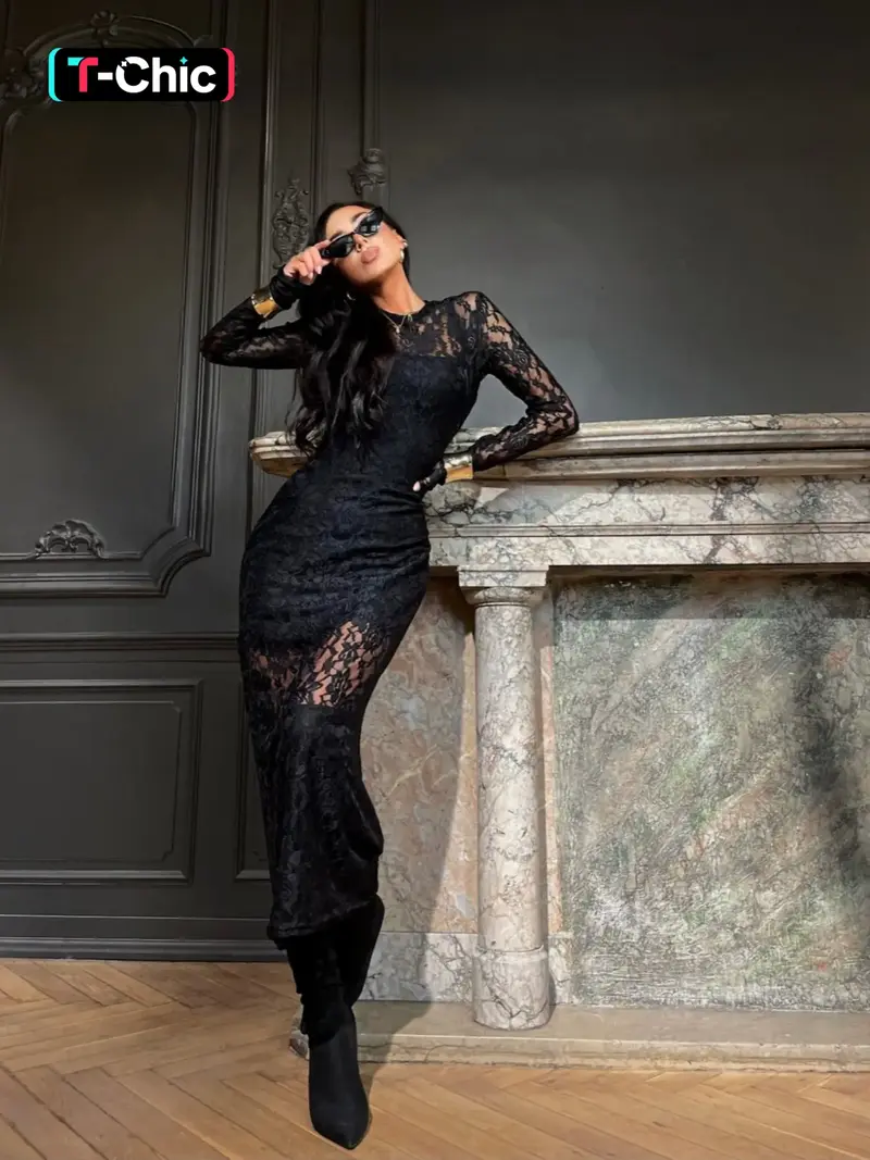 lace long sleeve dress black - TikTok Shop
