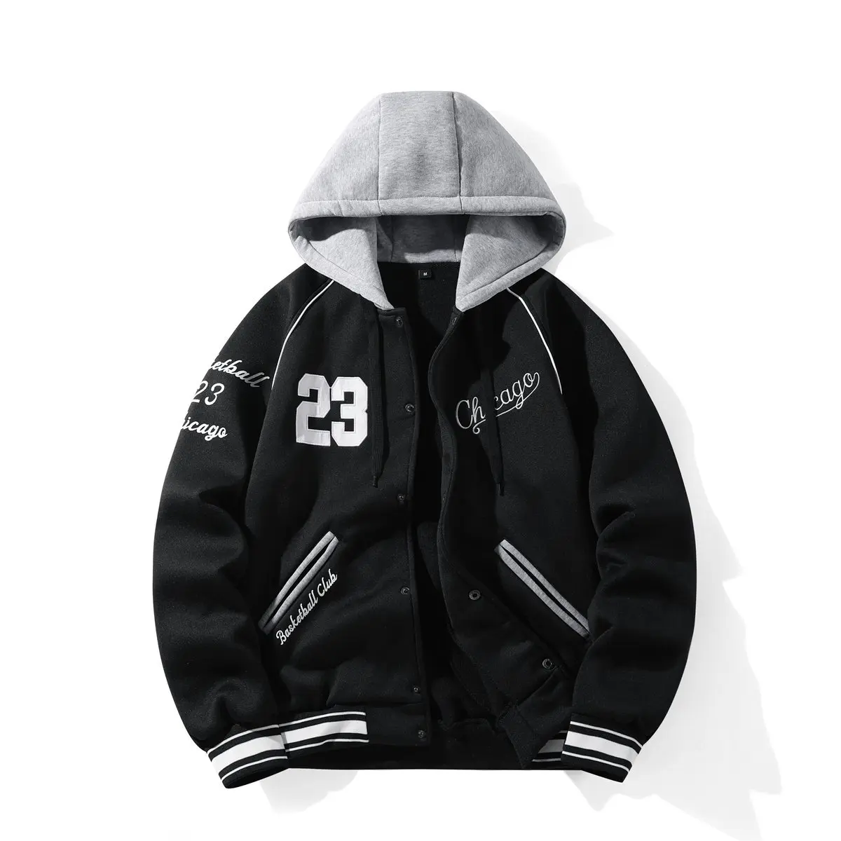 Single item: “23” Chicago embroidered baseball jacket, removable gray fleece cap, unisex design, black base, retro basketball style, thickened fleece outerwear — sold individually.