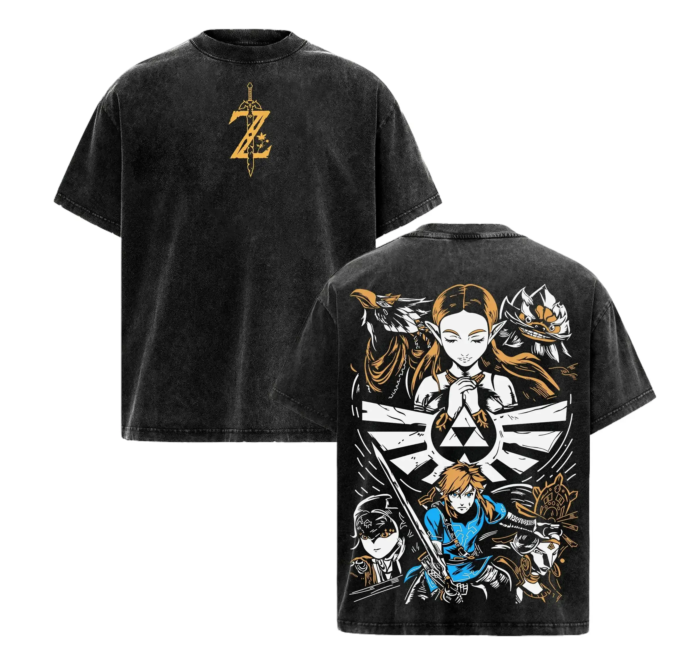 Men's Short-Sleeve Cotton Zelda Tears of the Kingdom Washed T-Shirt, Link-Princess Zelda-Midna-Epona-Triforce Graphic Clothes, Hero of Hyrule Courage-Wisdom-Power Fantasy Game Streetwear Gift Cotton Menswear Soft