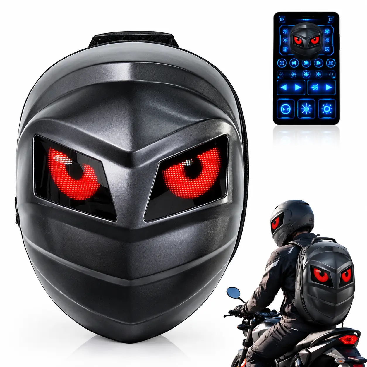 12.8in*16.54in*7.48in，Black Knight Smart LED  – App-Controlled   with Custom Display, Hard Shell, Waterproof, Fits Full Helmet, 1-Second Expansion, USB Rechargeable backpack