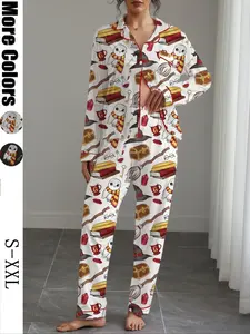 Women's Magic Print Pajama Set, Casual Long Sleeve Shirt & Elastic Pants, Soft Stretch Fabric, All Seasons Comfortable Sleepwear
