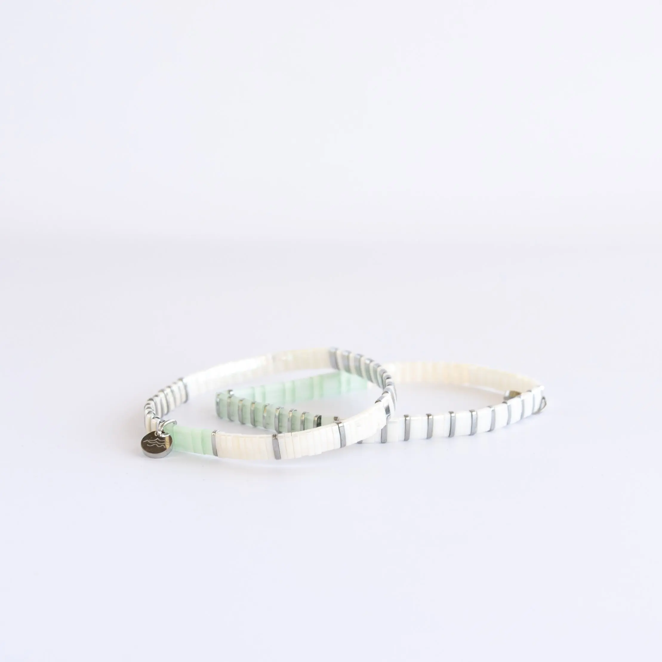 SEASIDE Beaded Glass Bracelet Stack - Silver and Aqua, Perfect for Coastal Looks