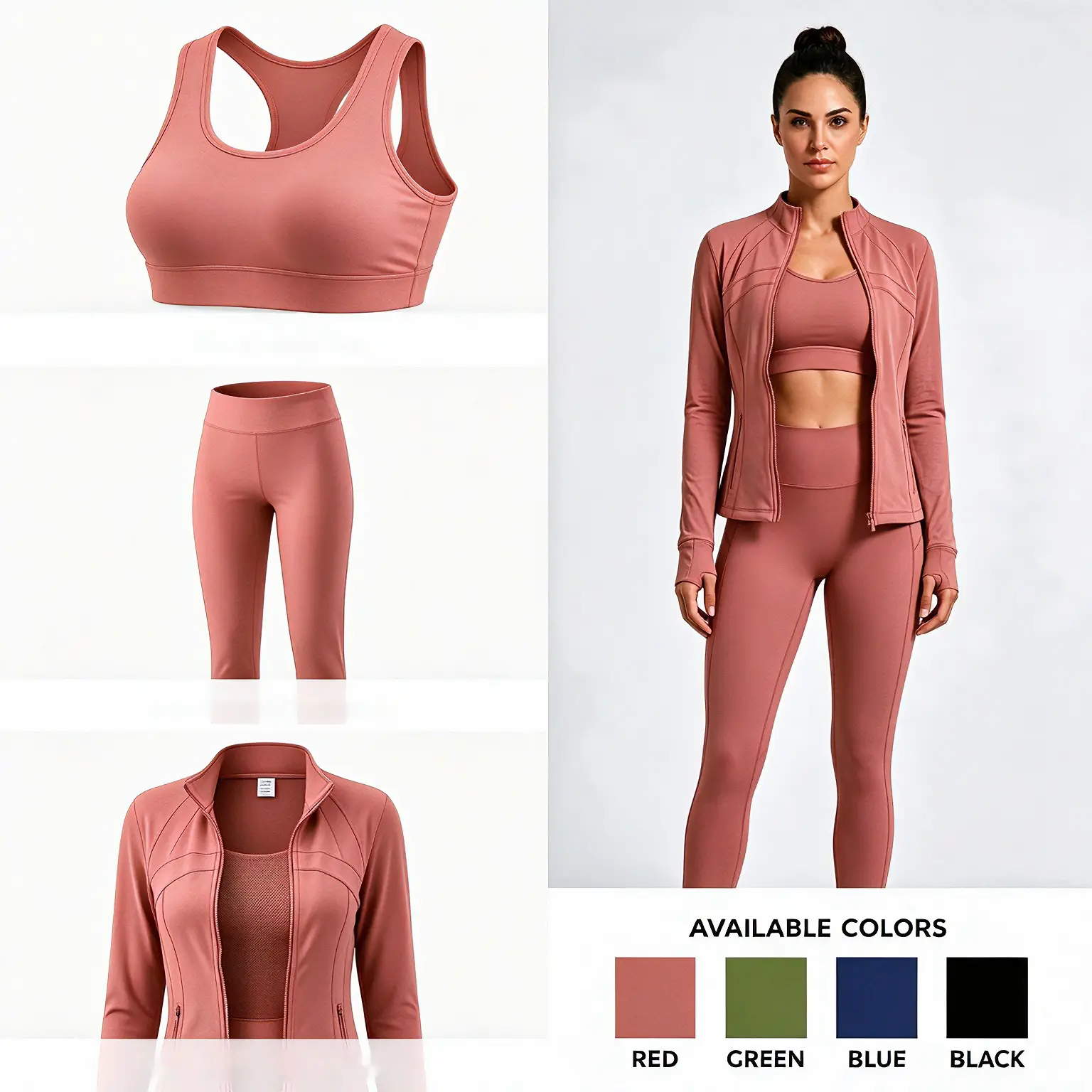 Women’s 3-Piece Workout Set, Zip-Up Jacket with Thumbholes, Racerback Sports Bra & High-Waist Leggings, Soft, Breathable Activewear for Gym, Yoga, and Running, Matching Athletic Sets for Women