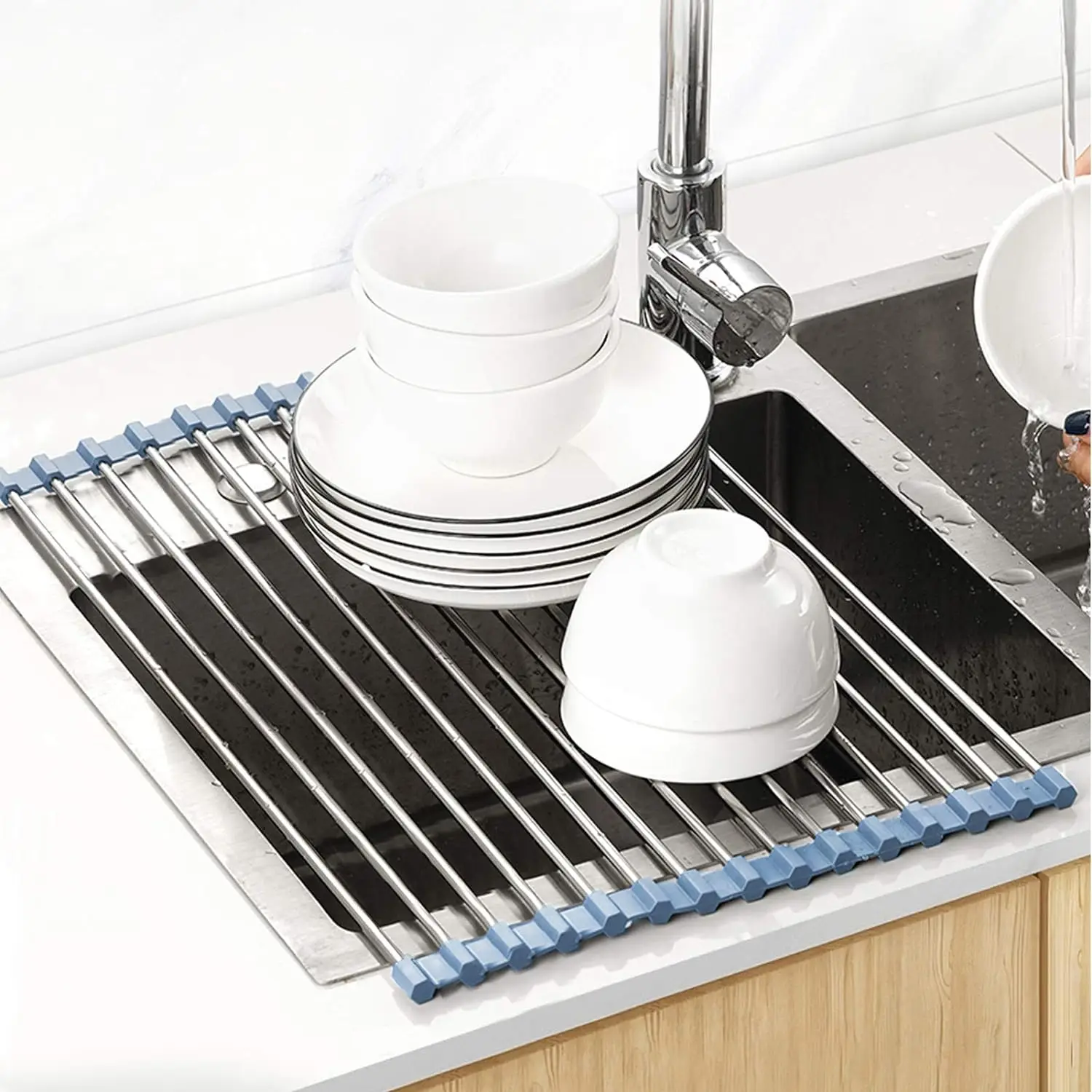 Roll Up Dish Drying Rack, Over Sink Rack for Kitchen Drainer, Stainless Steel Sink Organizer for Kitchen Sink Counter 17.5x11.8 inch