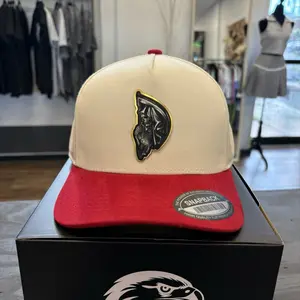 Gorra Santa Muerte Beige with Red Brim Snapback Hat Featuring Unique Design Element